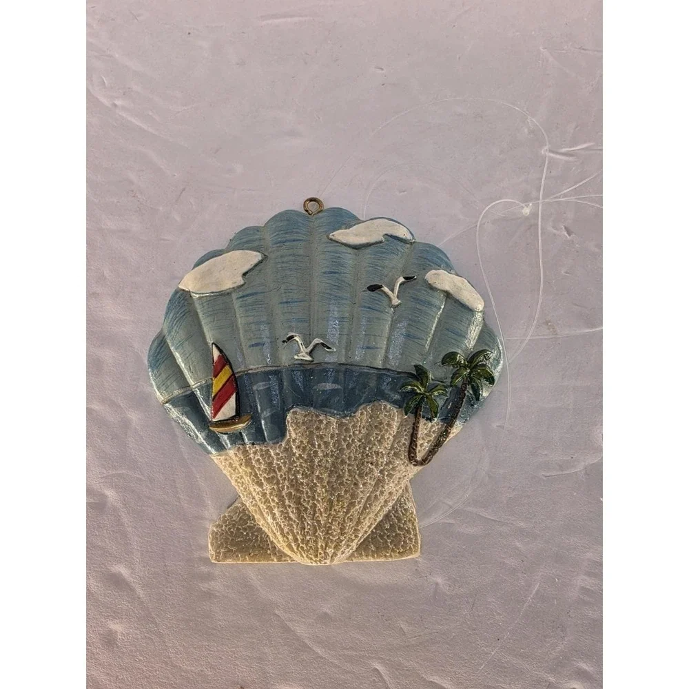 Hand Painted Coastal Seashell Ornament Beach Sailboat Palm Tree Nautical Decor
